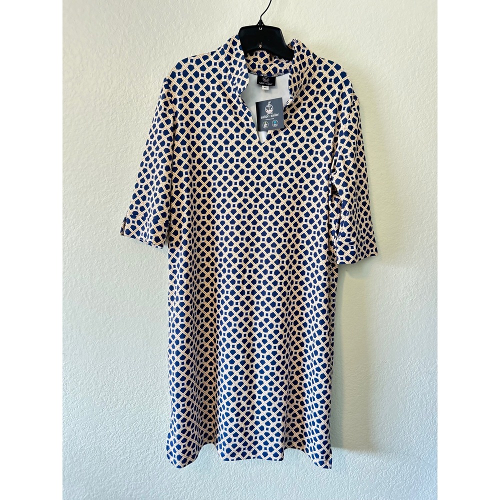 Sailor-Sailor Womens XL Navy Gold Rope Lattice UPF 50+ Split‎ Neck Shift Dress